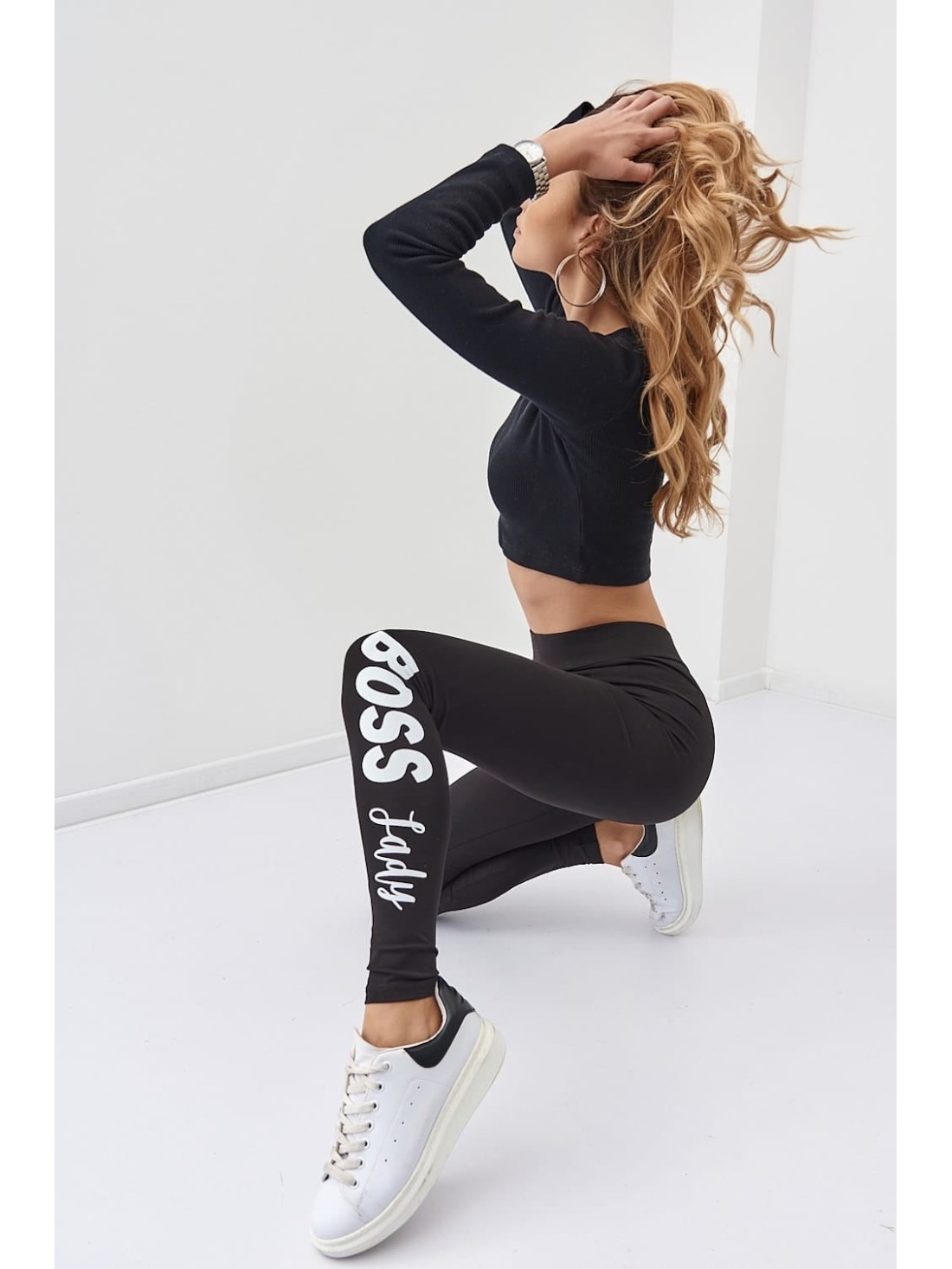 Women\'s fitted leggings with an inscription, black 0135 - Online store - Boutique